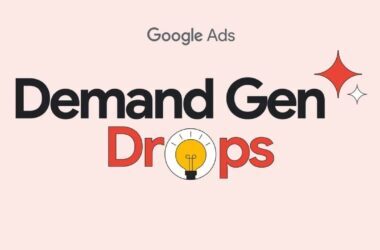 Google Ads Demand Gen February Drop: text on a light pink background, with Demand Gen in bold black letters, Drops in red with a light bulb icon inside the 'o', and two red sparkle graphics. Google Releases innovation in style.