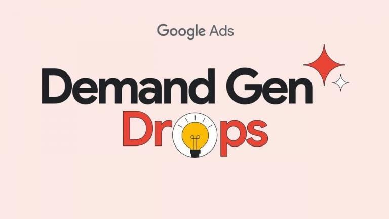 Google Ads Demand Gen February Drop: text on a light pink background, with Demand Gen in bold black letters, Drops in red with a light bulb icon inside the 'o', and two red sparkle graphics. Google Releases innovation in style.