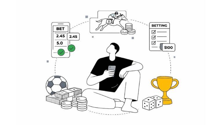 Illustration of a person holding a phone, surrounded by sports betting symbols: a soccer ball, coins, betting slips, a horse race, a trophy, and dice, representing online sports gambling.