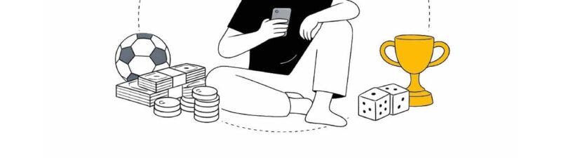 Illustration of a person holding a phone, surrounded by sports betting symbols: a soccer ball, coins, betting slips, a horse race, a trophy, and dice, representing online sports gambling.