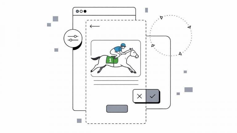 Illustration of a jockey riding a racehorse labeled with number 1 on a digital interface, with various overlapping computer and mobile screens and graphic design elements in the background.
