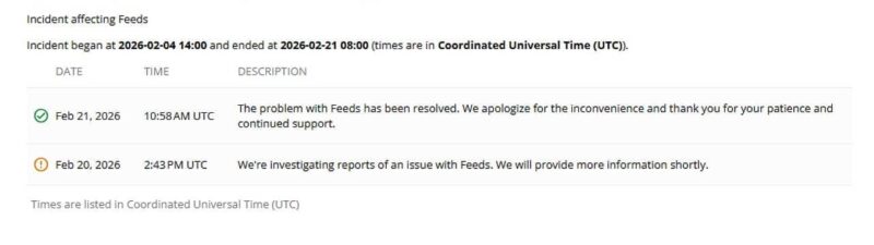 Google Merchant Center status dashboard showing incident details: reports of feed processing issues with Feeds on Feb 20-21, 2026. The dashboard displays status updates as Google investigates, with timestamps and resolution messages.