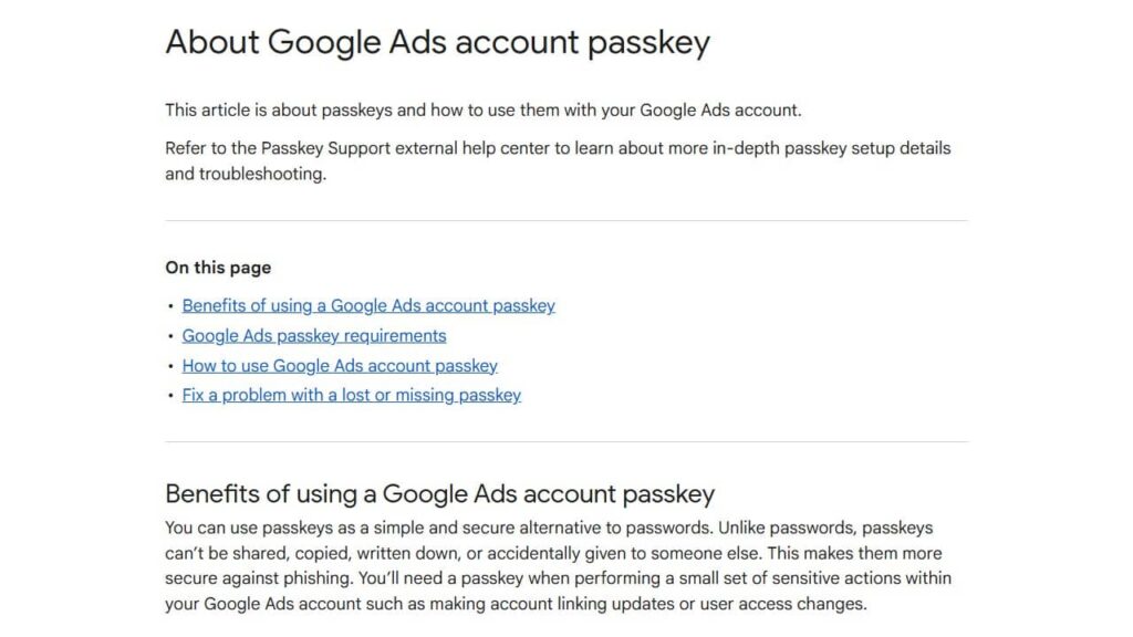 Screenshot of a Google help page titled "About Google Ads account passkey." It details the benefits of using passkeys for enhanced account security and provides links on setting up and managing Google Ads passkeys.