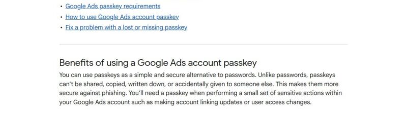 Screenshot of a Google help page titled "About Google Ads account passkey." It details the benefits of using passkeys for enhanced account security and provides links on setting up and managing Google Ads passkeys.