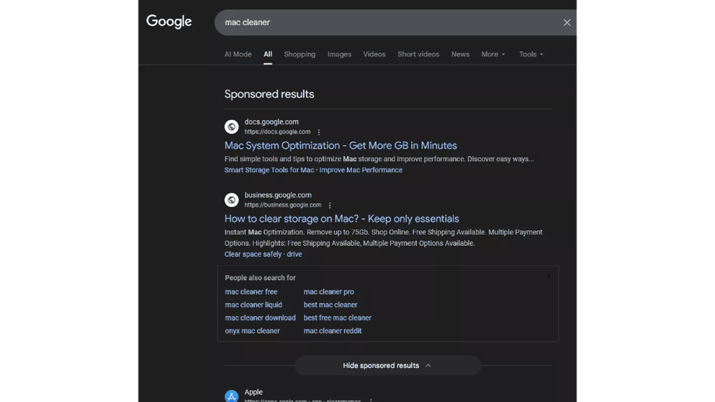 A Google search page for "mac cleaner" displays Google Ads for Mac optimization and storage tips, with related searches and a button to hide sponsored results. The interface is in dark mode, catering to Mac users seeking help beyond Apple Support.