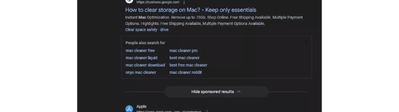 A Google search page for "mac cleaner" displays Google Ads for Mac optimization and storage tips, with related searches and a button to hide sponsored results. The interface is in dark mode, catering to Mac users seeking help beyond Apple Support.