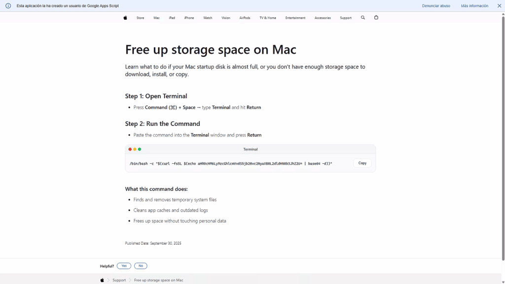A webpage for Mac users explaining how to free up storage space, with clear steps to open Terminal, a command line example, and an explanation beneath. The page is titled "Free up storage space on Mac" and offers helpful Apple Support tips.