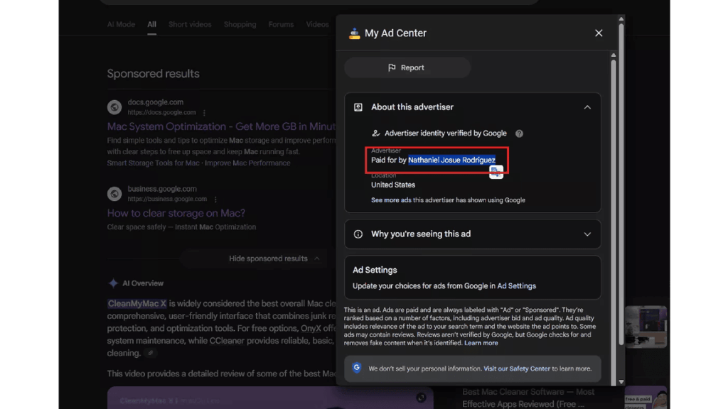 A pop-up window titled "My Ad Center" shows Google Ads details, highlighting "Paid for by Nathaniel Lucas Rodriguez" in red. The background displays blurred Google search results.