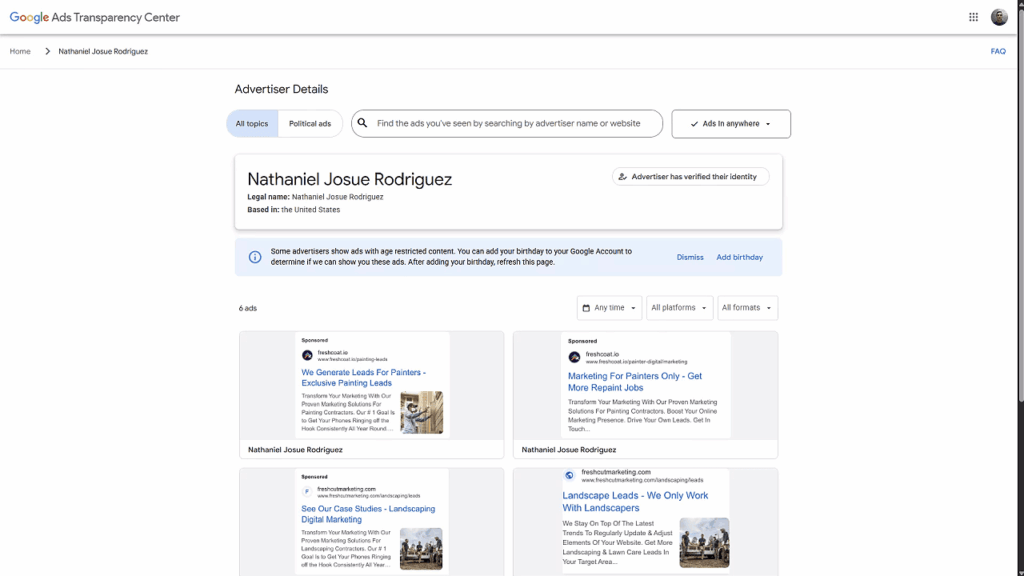 Screenshot of the Google Ads Transparency Center showing advertiser details for Nathaniel Josue Rodriguez, including active ads on landscaping, marketing, digital case studies, and ad previews—plus insights into campaigns targeting Mac Users and addressing Fake Apple Pages.