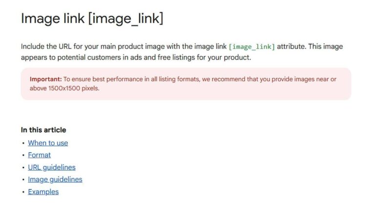 A webpage section titled "Image link [image_link]" explains using the image_link attribute for product images, includes a pink Important note about image size, and a list of four article links below.