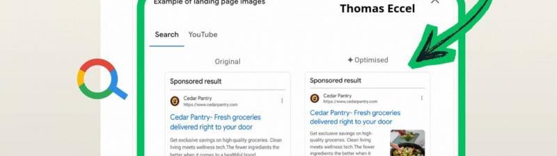 Screenshot comparing original and optimized sponsored result cards for a grocery delivery service, featuring a large green arrow highlighting the optimized Google Ads version and decorative "NEW" text in the top right corner.
