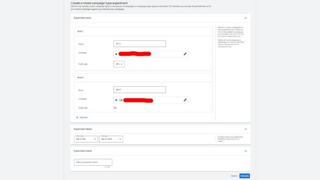 Screenshot of an Early Beta web form titled "Create a Mixed Campaign Type Experiment" with fields for experiment arms, dates, and name. Two campaign arms are listed with dropdown menus, text entry fields, plus "Schedule" and "Cancel" buttons at the bottom.