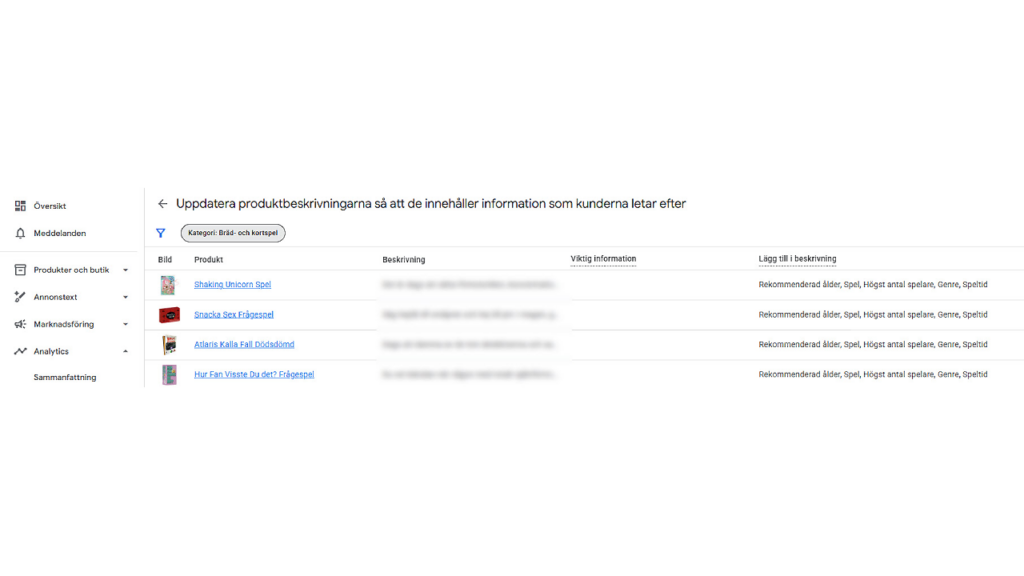 A computer screen shows a product management dashboard in Swedish, featuring Google Merchant Center recommendations. Product images and titles are in the left column, while blurred product attributes and details appear in the right columns.