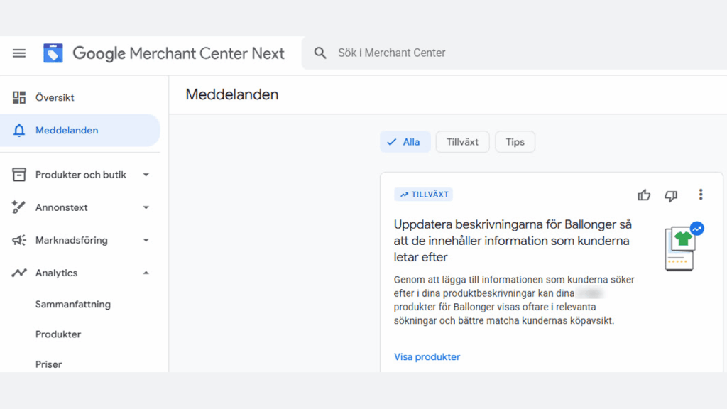 A screenshot of the Google Merchant Center Next interface in Swedish, showing the “Meddelanden” (Messages) section. A highlighted message offers Merchant Center Recommendations to update product attributes for better customer information.