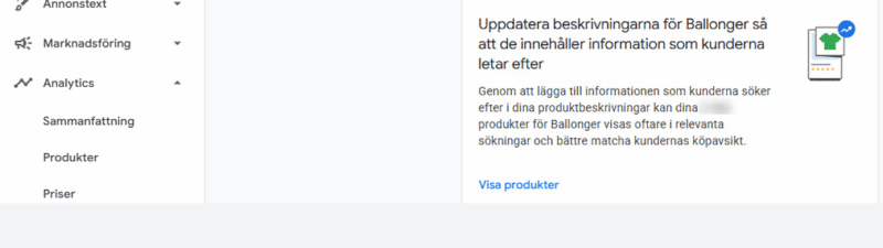 A screenshot of the Google Merchant Center Next interface in Swedish, showing the “Meddelanden” (Messages) section. A highlighted message offers Merchant Center Recommendations to update product attributes for better customer information.
