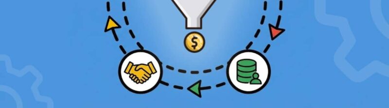 Illustration of a sales funnel surrounded by icons—a bar graph, mouse pointer, price tag, database, and handshake—highlighting PPC experts and offline conversion tracking. All are connected by a dotted circle on a blue background with gear graphics.