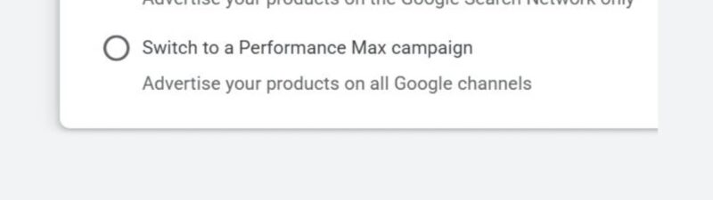 A selection box with two options: "Continue with a Shopping campaign" (selected) and "Switch to a Performance Max campaign." Each Google Shopping Setup shows a brief description of its advertising reach.