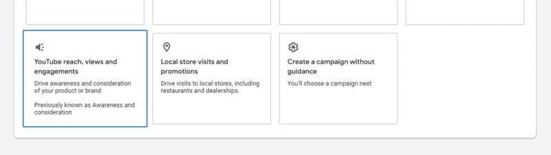 A campaign objective selection screen in Google Ads with options like Sales, Leads, Website traffic, App promotion, YouTube Campaign reach, Local store visits, and Create a campaign without a goal. "YouTube reach" is highlighted.