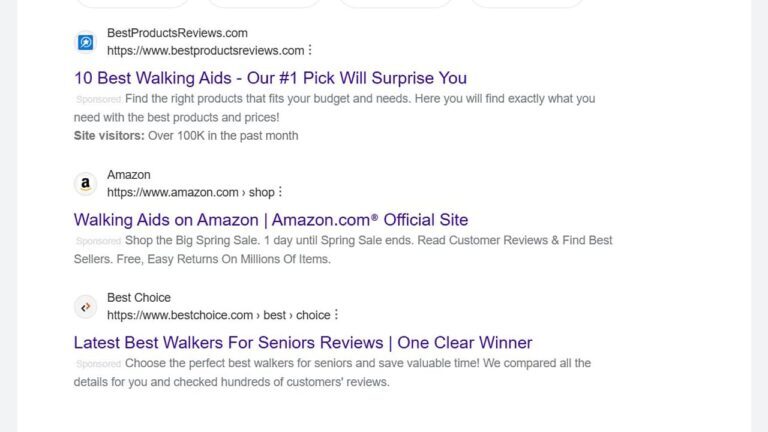 Screenshot of search engine results for walking aids, showing listings from BestProductsReviews.com, Amazon, and Best Choice. Each result includes a headline, brief description, and website link.