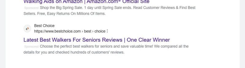 Screenshot of search engine results for walking aids, showing listings from BestProductsReviews.com, Amazon, and Best Choice. Each result includes a headline, brief description, and website link.