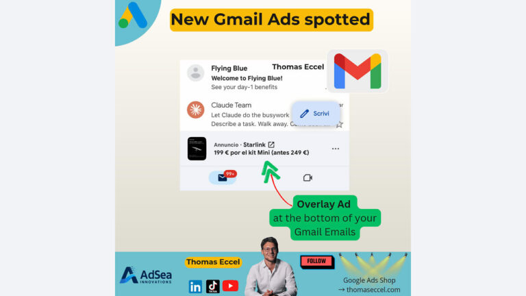 Screenshot showing a Gmail inbox with a highlighted overlay ad for Starlink at the bottom. Text reads "New Gmail Ads spotted" and an arrow points to the ad. Branding for AdSea Innovations and Thomas Eccel is visible.