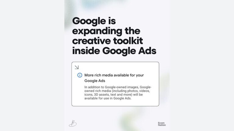 A graphic announces that Google is expanding creative tools in Google Ads, allowing more rich media like photos, videos, icons, 3D assets, and text to be used in ads. The design features bold text and an info box.