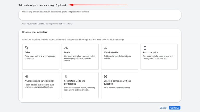 A digital form for creating a new campaign, showing fields for campaign details and objectives like Sales, Leads, Website traffic, App promotion, Awareness, Local store visits, and Campaign without prompts.