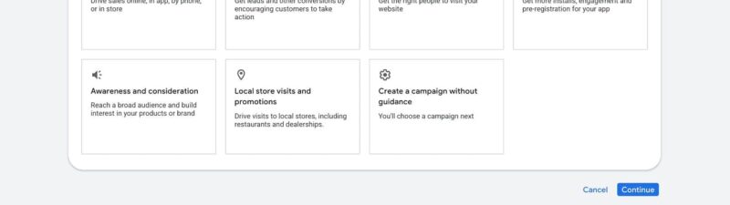 A digital form for creating a new campaign, showing fields for campaign details and objectives like Sales, Leads, Website traffic, App promotion, Awareness, Local store visits, and Campaign without prompts.
