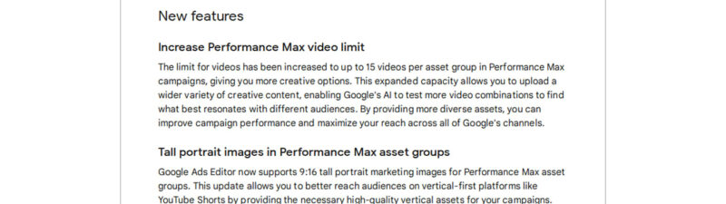 Screenshot of a webpage titled “Google Ads Editor version 2.12” highlighting new features like increased Performance Max video limits and support for tall portrait images in asset groups. The page also includes download and navigation links.