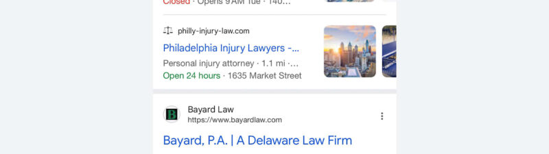 A smartphone screen shows a Google search listing sponsored law firms nearby, including Michael Glassman & Associates, Ronald J Harper - Family Law, Philadelphia Injury Lawyers, and Bayard Law.