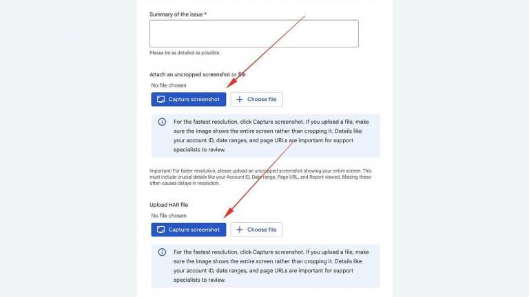 A web form with sections to summarize an issue, attach a screenshot, and upload a HAR file. Red arrows point to two blue "Capture screenshot" buttons, each above a file upload option and instructional text.