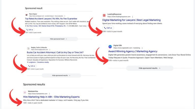 A screenshot of Google search sponsored results, each with a blue “Call” button highlighted by red arrows. Listings include law firms and marketing agencies, all emphasizing their services and contact options.