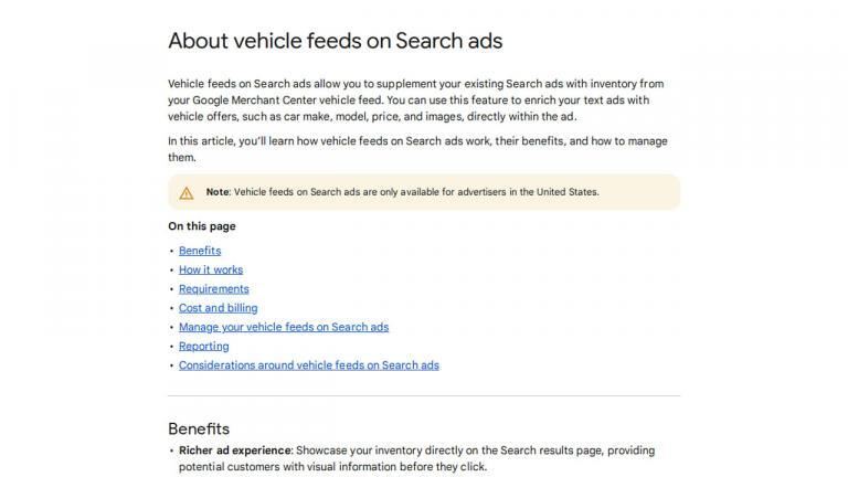 Screenshot of a web page titled “About vehicle feeds on Search ads,” explaining how Google Search ads use vehicle inventory feeds. The page includes a yellow note and a list of linked topics like Benefits and How it works.