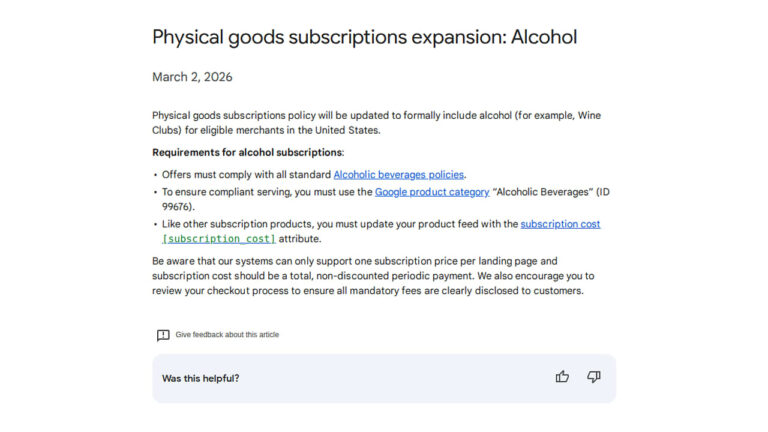 A website notice titled "Physical goods subscriptions expansion: Alcohol" explains updated policies for alcohol subscriptions, requirements, and notes about compliance and subscription limits, dated March 2, 2026.