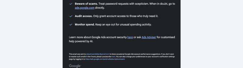 A Google security notice warns about scammers and suggests creating a passkey for secure login. It lists best practices: beware of scams, avoid direct account access, and monitor for unusual activity. Links for help and subscriptions are included.