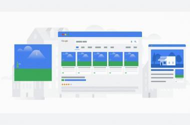 Animated illustration showing a search engine results page for real estate, with related property images, a ratings bar, and side panels. Tabs and images switch to display different house listings.