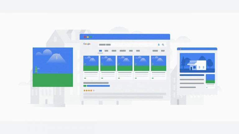 Animated illustration showing a search engine results page for real estate, with related property images, a ratings bar, and side panels. Tabs and images switch to display different house listings.