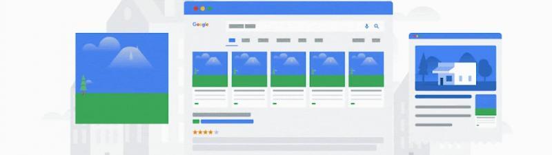 Animated illustration showing a search engine results page for real estate, with related property images, a ratings bar, and side panels. Tabs and images switch to display different house listings.