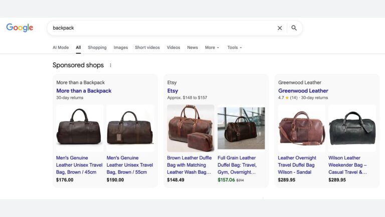 A Google search results page for "backpack" showing sponsored ads with images and prices of various brown leather duffel and travel bags from different online shops.