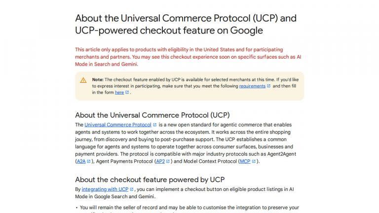 Screenshot of a Google help page titled "About the Universal Commerce Protocol (UCP) and UCP-powered checkout feature on Google," explaining UCP, its benefits, and providing links for more details. Some text is highlighted in yellow and orange.