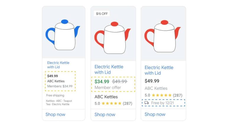 Three illustrated electric kettles with blue or red spouts and lids are shown in online listings, displaying prices, ratings, a Loyalty Program member offer ($34.99), and delivery info. Each listing is labeled "Electric Kettle with Lid.
