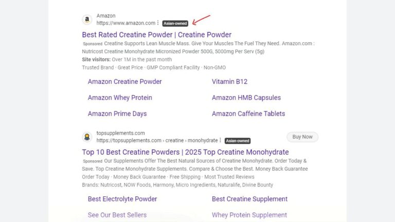 A Google search result shows Amazon’s “Best Rated Creatine Powder” page with an “Asian-owned” label next to the URL. Other links for creatine powders and related supplements appear below.