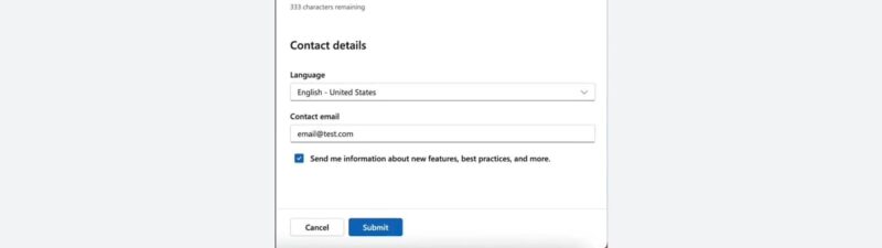 A web form is shown with fields for Store ID, Store name, Destination URL, Store description, language, contact email, and a checkbox for updates. "Rebranded Store Na" is entered as the store name. The Submit button is at the bottom.