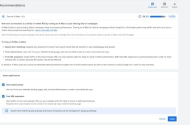 A computer screen displays the Google Ads interface showing "Recommendations" for campaign optimization, specifically suggesting to turn on AI Max. Text boxes explain benefits and effects. At the bottom are blue "Cancel" and "Apply" buttons.