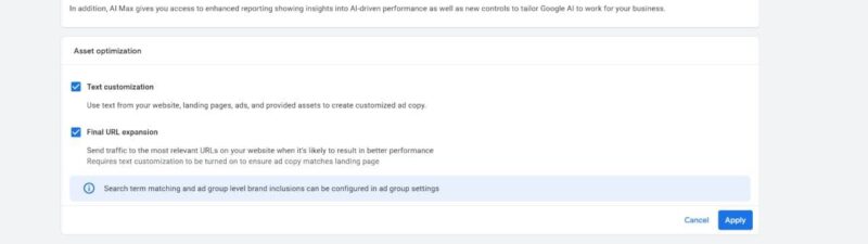 A computer screen displays the Google Ads interface showing "Recommendations" for campaign optimization, specifically suggesting to turn on AI Max. Text boxes explain benefits and effects. At the bottom are blue "Cancel" and "Apply" buttons.