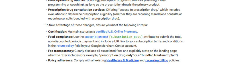 Screenshot of a Google support page about “Recurring billing policy expansion: Prescription drugs,” dated March 2, 2026. The page lists new rules for U.S. Online Pharmacies offering recurring billing.