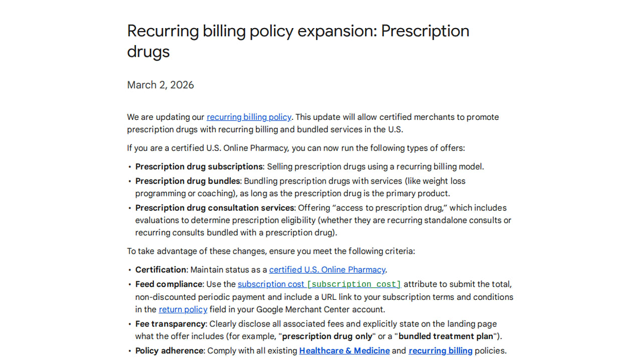 Screenshot of a Google support page about “Recurring billing policy expansion: Prescription drugs,” dated March 2, 2026. The page lists new rules for U.S. Online Pharmacies offering recurring billing.