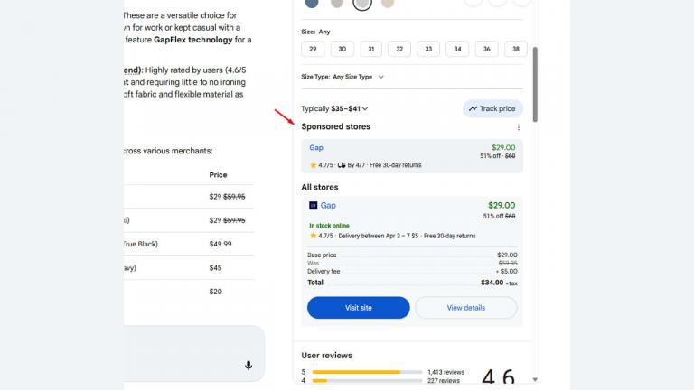 A screenshot of a shopping website shows prices for clothing from Gap. Gap offers jeans for $29.00 with free 30-day returns. The site displays reviews, sizes, and store ratings. A red arrow points at the price range.