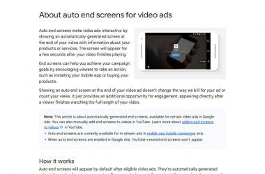 Screenshot of a webpage titled "About auto end screens for video ads" with text explaining auto end screens, a small image of a smartphone displaying a video ad with an end screen, and additional headings with detailed information.