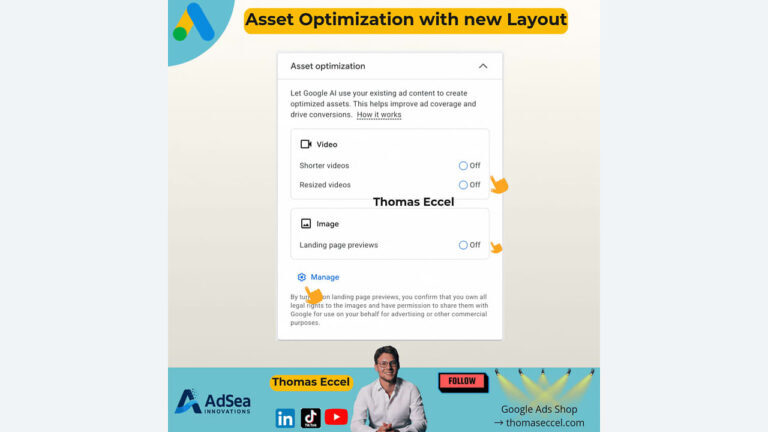 Screenshot of a Google Ads interface showing asset optimization options for video and image assets. The layout includes toggles for "Resized videos" and "Image assets," both set to off. Brand logos and a man are at the bottom.